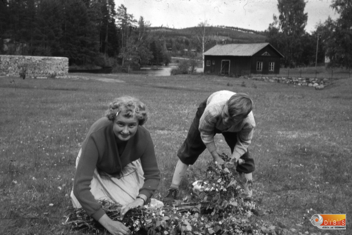 Midsommar med Dagmar Hallin f Stålberg och Henning Nordin som smyckar midsommarstången.