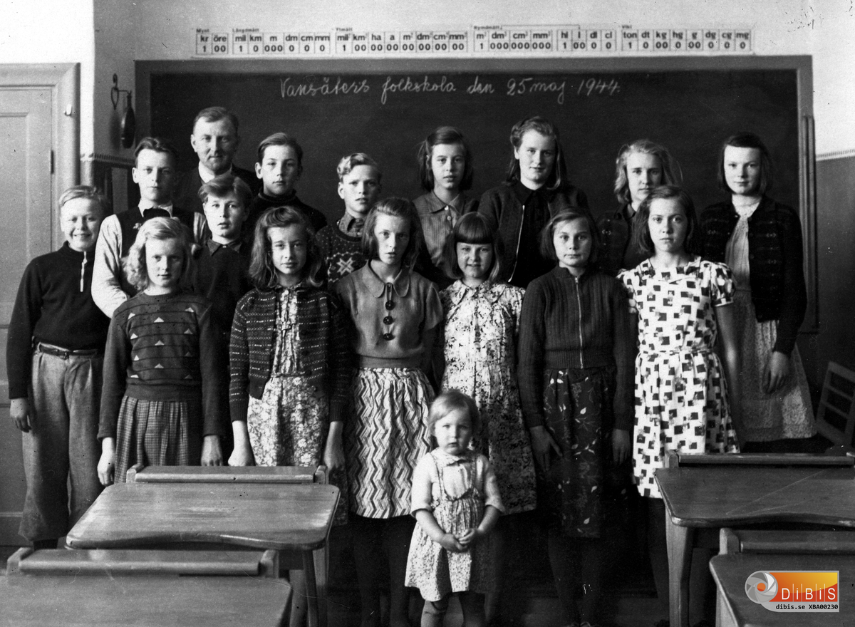 Sjunde klass i Österbackens skola 1943-44 Lärare Per Hedlund. Från vänster Einar Zetterlund Evon Lantz, Rolf Johansson, Kjell Westerlund, Lars-Erik Redin, Solgerd Nilsson, Anna-Brita Wik, Kerstin Ringman, Marianne Goude, Berit Brolin, Marianne Hedberg, Lisa Larsson, Gudrun Högqvist, Inga-Britt Andersson, Inger Gustavsson och Britta Hedlund dotter till läraren.