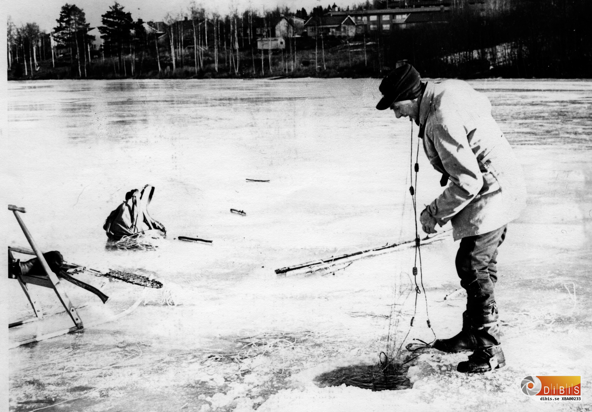 Gustav Malmström  isfiskar nedanför hemmet på Ornäsvägen i Bergvik.

Karl-Gustaf Malmström avled den 25/8 1991.
Han var född i Norrala den  6/4 1901 i Norrala. (Gävleborgs län, Hälsingland).

I bakgrunden, närmast stranden, skymtar en liten ljus byggnad. Där bodde en gång John Bergqvist, en annan bergviksbo som var väl hemmastadd på Bergvikens isar.