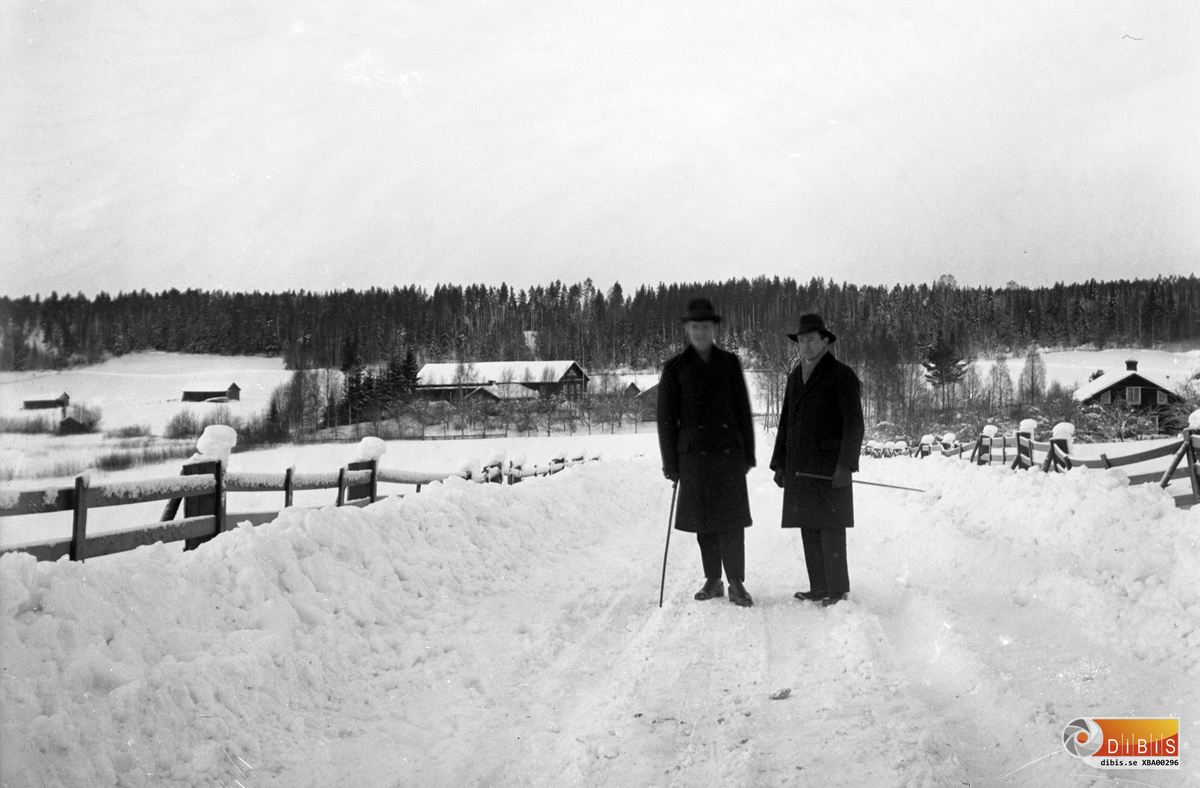 Bilden är tagen i Verkmyra, Bergvik, från söder mot norr.
Vägen är dentsamma som nuvarande sträckningen mellan Skog och Bergvik. Byggnaden till höger tillhör ett mindre lantbruk. Ägare när bilden togs var Pär Bäcklin. Därefter kom Ferdinand Strid följd av David Johansson, Bernt Johansson och en bit in på 2000-talet av Daniel Johansson.
Ladugården i bakgrunden tillhör vid fototillfället
Emanuel Zettersten. Sonen, Petrus, står till höger i bild tillsammans med en icke identifierad person.
De lador som syns tillhör Zetterstens gård.
Uthusbyggnaden brann ner till grunden sommaren 1934 varvid samtliga djur, hästar, kor och ungdjur brann inne.

Trots att familjen Zetterstens bildarkiv blivit ganska omfattande genom åren har en bild av ladugården saknats. Ända fram till slutet av 2008 när några glasplåtar påträffades. En av plåtarna innehöll just denna bild.
Frågan om fotograf har besvarats med "okänd". Ändå talar mycket för att bilden tagits av Anna Zettersten, en syster till Petrus Zettersten.

Lägg märke till vägens standard. Den plogades med häst fram till 1924 när man började använda Emanuel Zetterstens traktor av märket Fordson. Uppdraget att röja vinterväg sträckte sig ända till Högbacka på gästrikesidan. Traktorplogningen upphörde när lastbilarna fått nog med kraft att skjuta en plog som var frontmonterad.
Traktorn hade i princip bara ersatt hästarna och dragit en förstärkt träplog bakom sig.