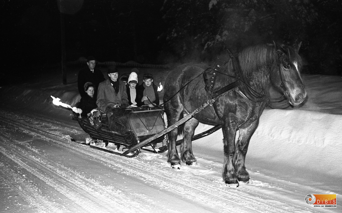 En idyllisk bild tagen i Bergvik en julmorgon när målet är ottan i Bergviks missionshus. På kuskbocken sitter David Johansson och i släden hans fru, Sigrid, som ansvarar för facklan.