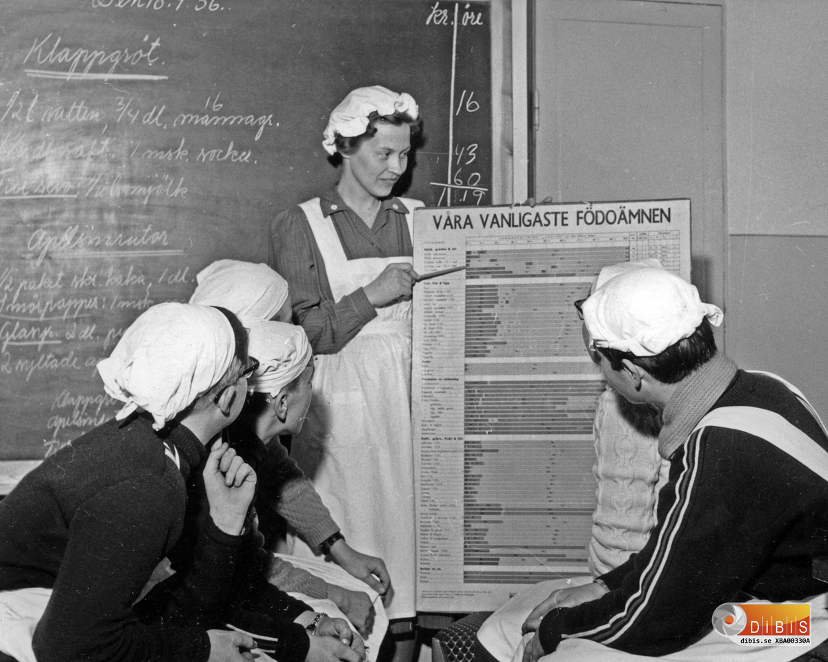 Avgångsklass 1956. Skolkök på samstugan, Bergvik.
Lärare Barbro Gärdebo.