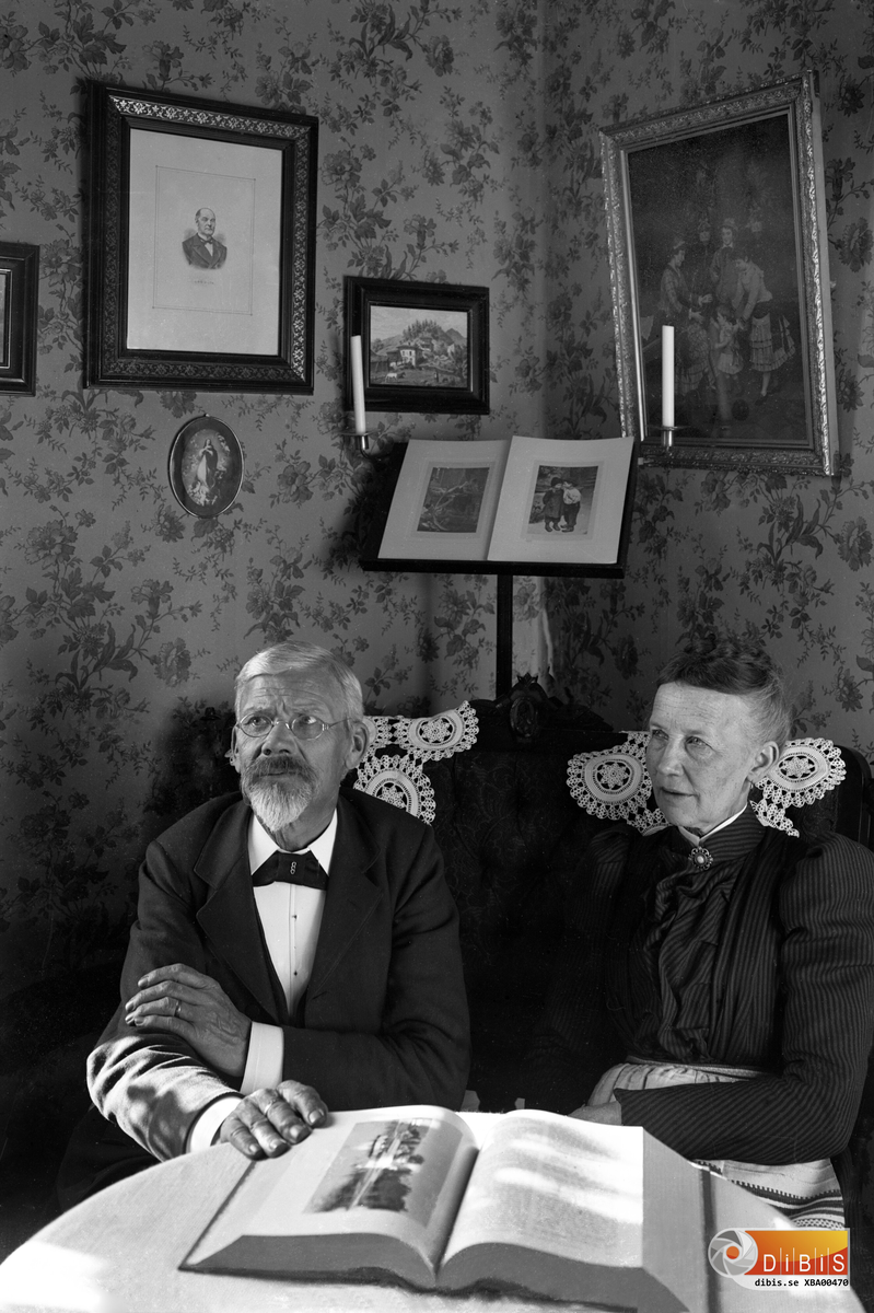 Interiör och personporträtt, Persbacka, Bergvik, i skiftet 1800-1900-tal.
Bilden anspelar på välstånd. Den är arrangerad för att skapa den känslan. Porträttet till vänster på väggen föreställer Uno Ulin, chef för Bergviksbolaget under slutet av 1800-talet. Han har själv undertecknat bilden. Att den uppgiften kan styrkas med att bilden, tagen på stor glasplåt och skannad med hög upplösning, medger kraftig förstoring.