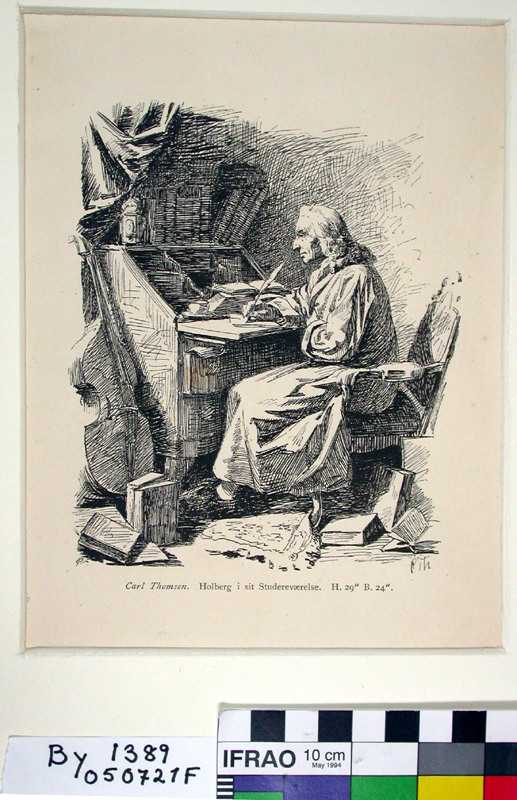 By 1389 Fra protokoll: "Træsnit. "Holberg i sit Studereværelse". Efter pennetegning av Carl Thomsen. Opklæbet paa graa karton."