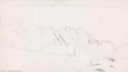 Sol over fjellandskap [Tegning]