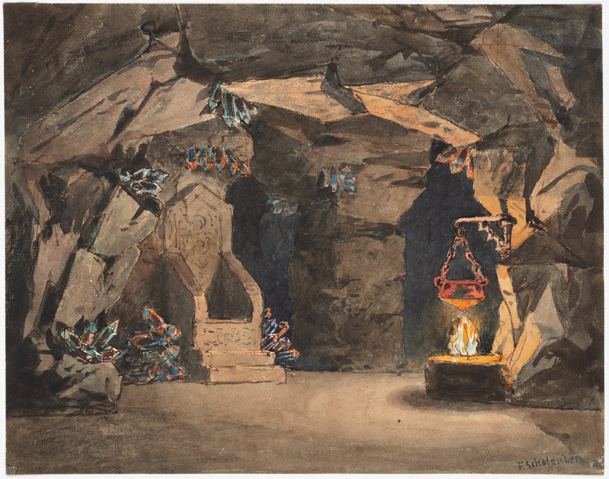 Interiör av ett grottrum. Till vänster ses en tron av sten och till höger hänger en kittel över en öppen eld. På grottväggarna ses kristaller i olika färger. 
