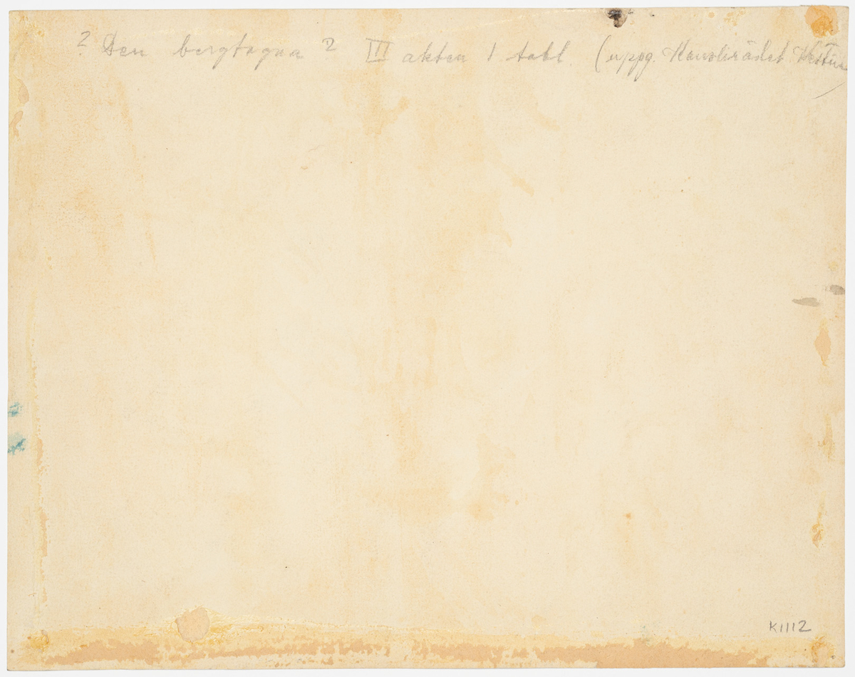 Interiör av ett grottrum. Till vänster ses en tron av sten och till höger hänger en kittel över en öppen eld. På grottväggarna ses kristaller i olika färger. 
