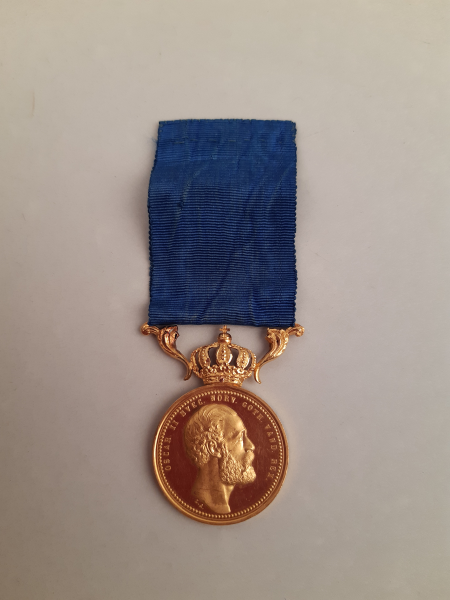 Litteris et Artibus-medalj i guld med blått band, på åtsidan av medaljen finns den regerande Konungens bröstbild och på frånsidan finns inskriften "Litteris et Artibus" omgiven av en öppen lagerkrans. Medaljen är krönt av en sluten kungakrona. Rödbrunt etui i läder med vitt siden på insidan lock och röd sammet på botten.
