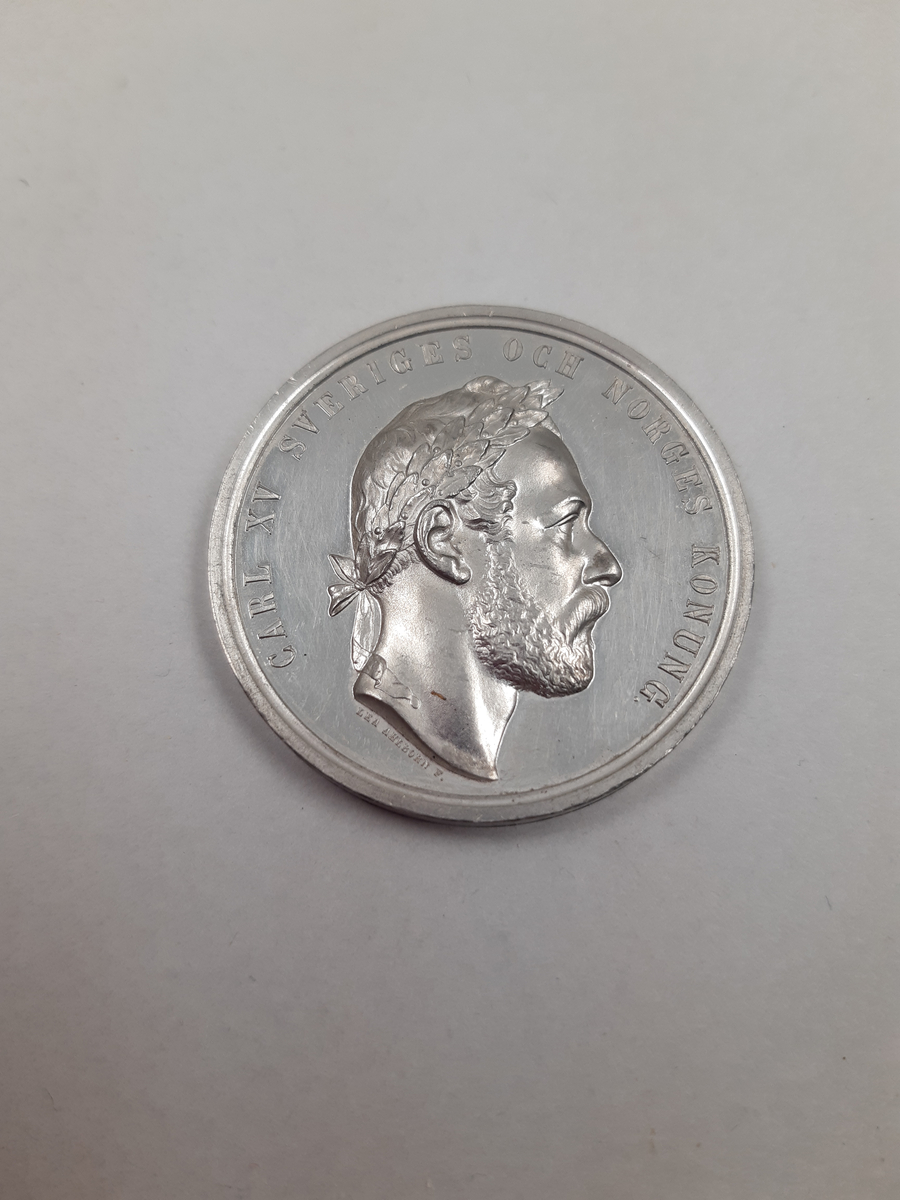 Silvermedalj med reliefdekor, på åtsidan kungaporträtt i profil och på frånsidan en kvinna som sitter på trappan till ett minnesmärke och skriver på en vaxtavla, vid hennes fötter ligger Sveriges statsvapen.
