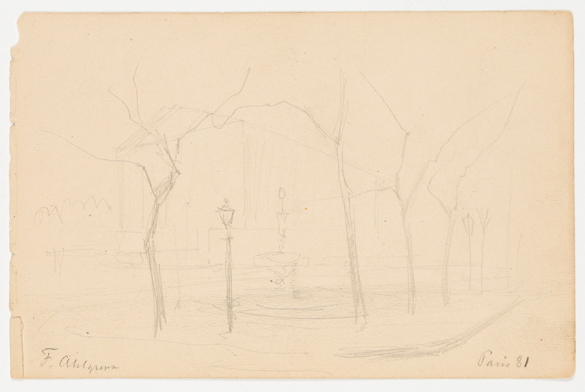 En del av en park med lykta, springbrunn och spretiga träd. I bakgrunden en hög rektangulär byggnad. På baksidan en blyertsteckning av en naken kvinna som blåser såpbubblor.
