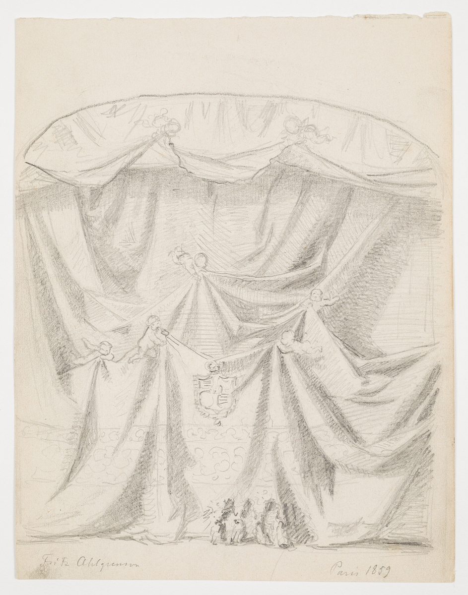 En fördragen ridå med sju kembiner som draperar tyget samt en vapensköld i mitten. Stadsmotiv på baksidan.
