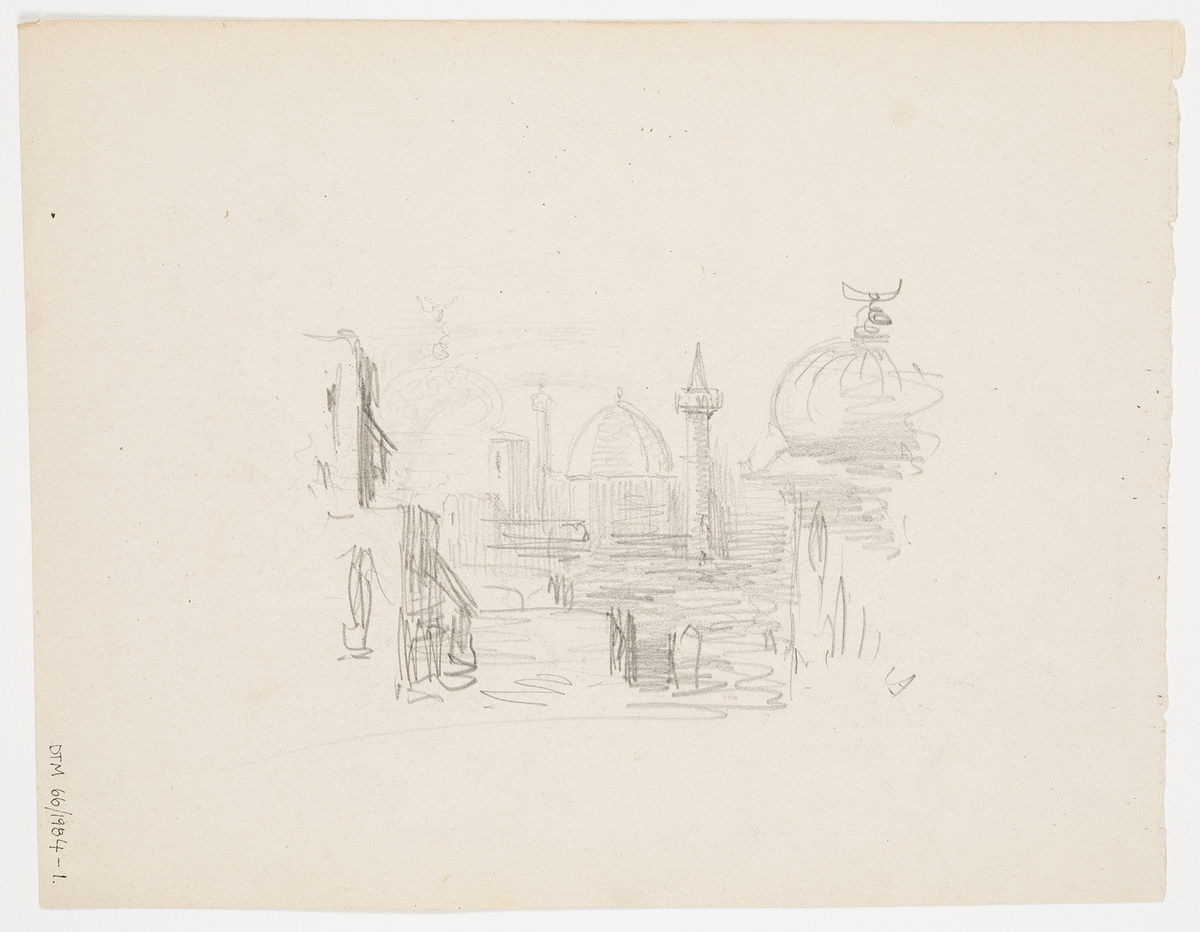 En fördragen ridå med sju kembiner som draperar tyget samt en vapensköld i mitten. Stadsmotiv på baksidan.
