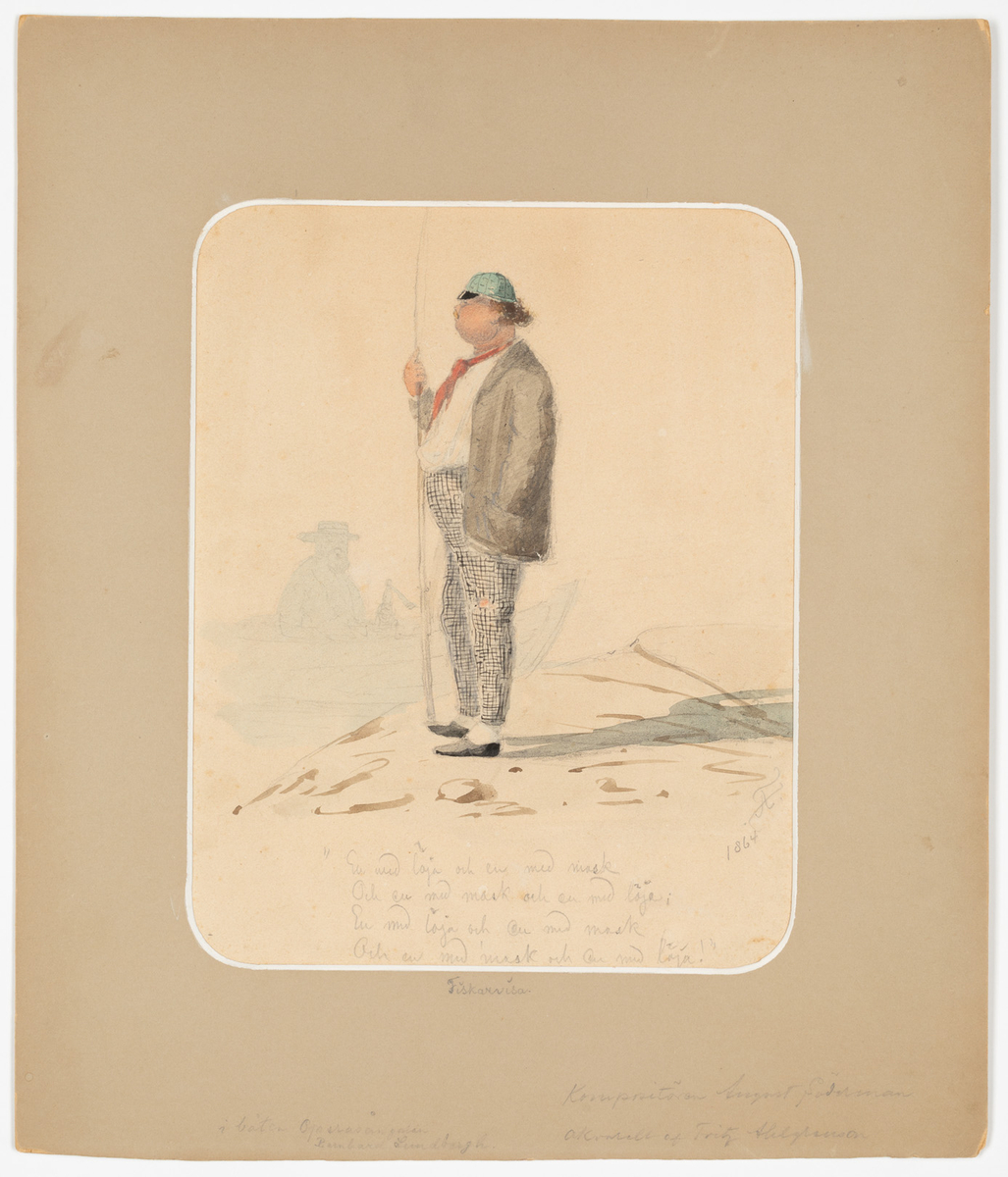 Föreställer en man klädd i svarta skor med vita damasker, vit och svart rutiga byxor, vit skjorta och gråsvart jacka, en röd scarf runt halsen och en ljusblå keps med svart skärm över det bruna lockiga hået. Mannen står på en strand och håller i ett metspö. Bakom mannen finns en rosbåt med en älde skäddprydd man i halmhatt.
