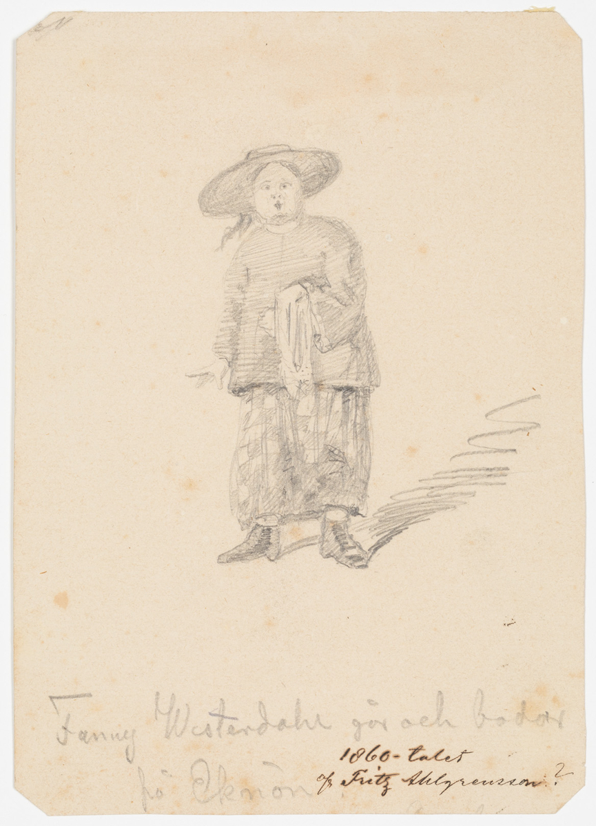 En kvinna med bred hatt, randig blus och rutig kjol.
