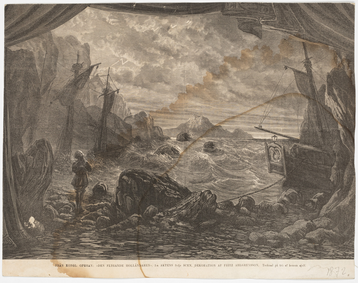 Utblick från grottmynning ut mot havet. Till vänster på stranden en person som blickar ut mot ett skepp som förlist mot klipporna. I mitten en ö med ett berg i fjärran, till höger syns akterna av ett förtöjt skepp.
