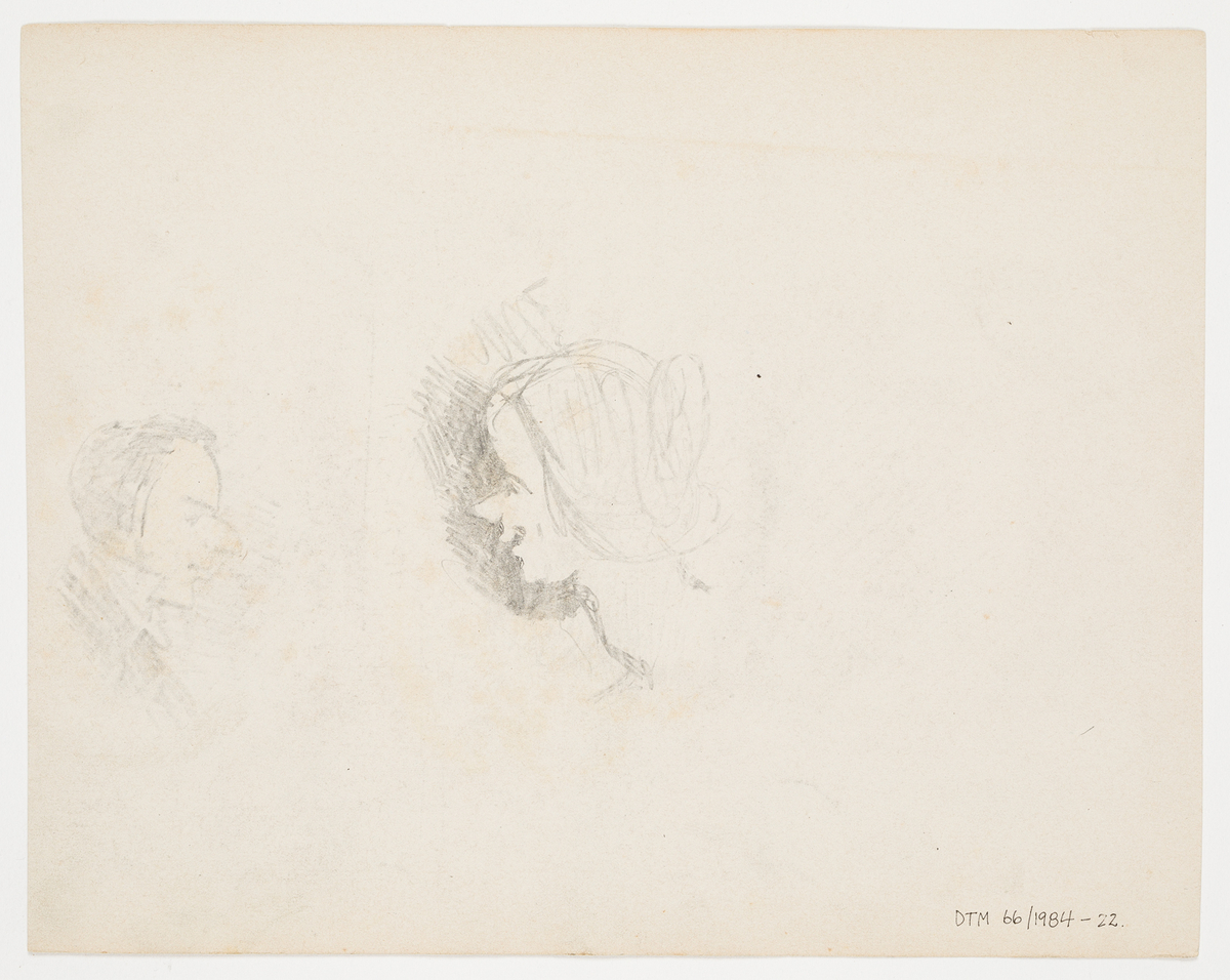 En öppen portal med orientaliska linjer. I bakgrunden torn och kupoler. På baksidan karikatyrer av en kvinna och en man.
