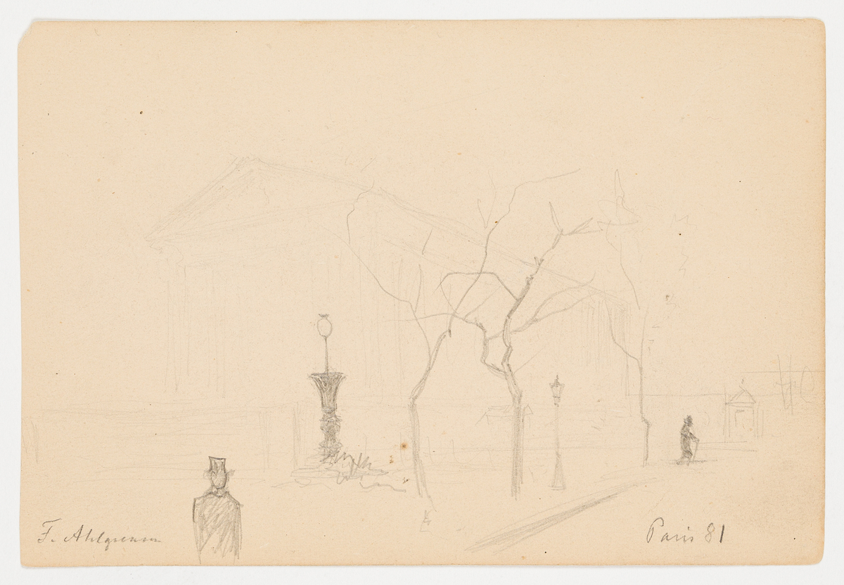 Kala träd och gatlyktor på en trottoar. I bakgrunden en klassisk byggnad. Två människor påtrottoaren. På baksidan en detaljstudie av träd och gatlyktor samt en vagn.
