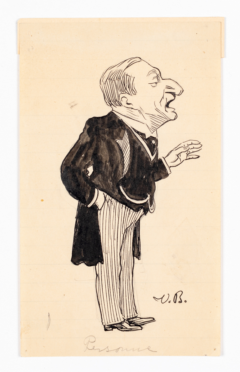 Äldre man iklädd randiga byxor, svart väst och svart frack. Mannen ses i profil och håller sin högra hand i byxfickan.
