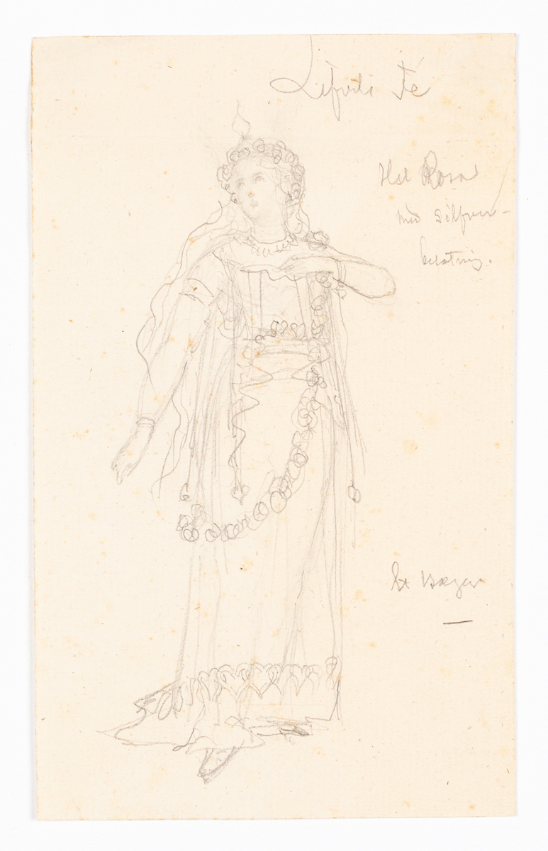 Blyertsteckning föreställande en kvinna i helfigur, klädd i hellång klänning samt slöja och girlanger, diadem eller tiara på lockig frisyr. Klänningen nertill kantad av bård av kopplade hjärtan. Står frontalt med huvudet något vänt åt vänster. Kvinnans högerarm utsträckt snett nedåt, hennes vänstra överarm rakt ut med underarmen vinklad mot bröstet. Hennes högra fot sticker ut något framför den nästan helt dolda vänstra vid kjolfållen.
