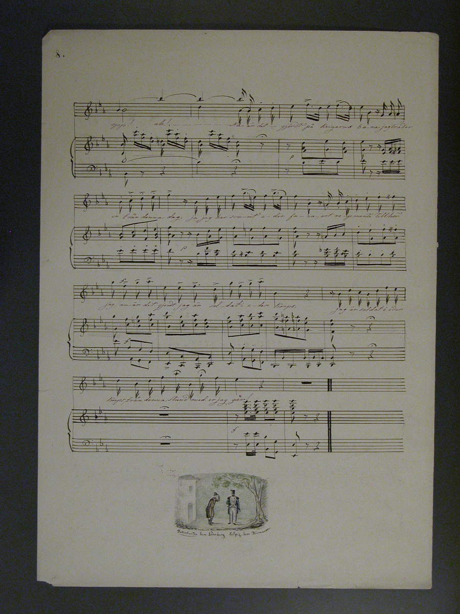 En man med brun rock börjer sig fram till en man med blåbit uniform. Till höger ett träd och till vänster ett vitt hus. 
