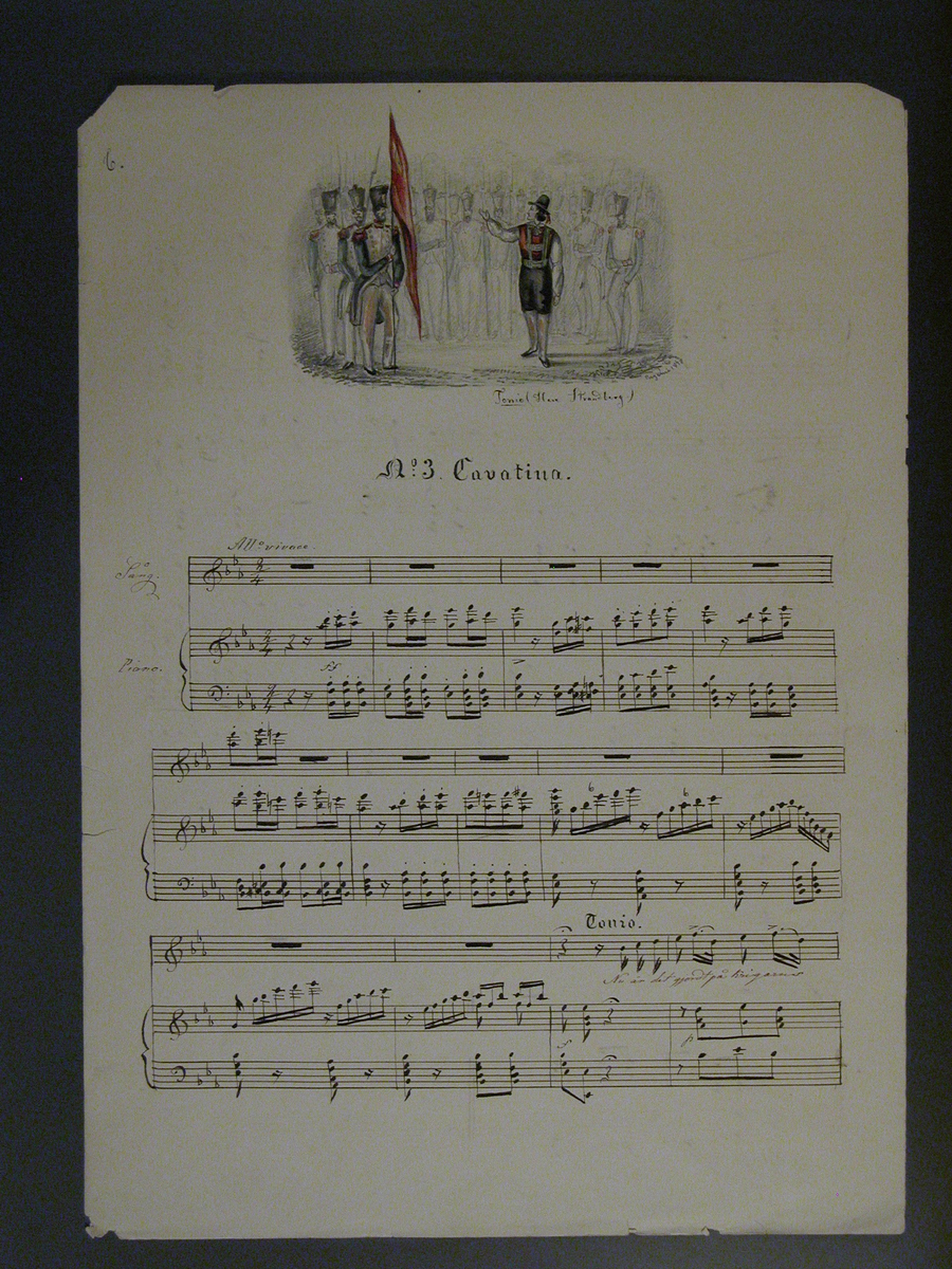 En grupp med män i blåvita uniformer, den som står längts fram håller i en röd flagga. Framför soldaterna står en man iklädd ledehosen.
