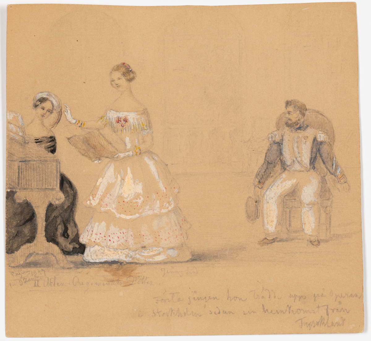 Till vänster en kvinna i svart klänning och vit huvudbonad som sitter vid ett piano. Till höger om henne Jenny Lind iklädd en vit klänning med röda detaljer, hållandes noter i sina händer. Längst till höger på en stol sitter en man iklädd vit och blå uniform.
