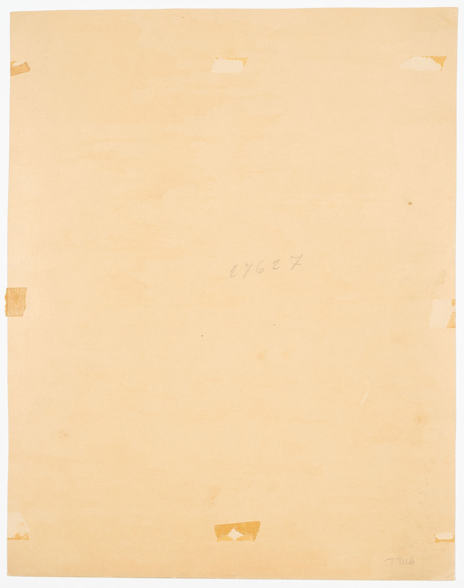 Interiör av rum med öppen spis. Väggarna har rosa tapeter dekorerade med lila träd, blommor och fåglar. Till vänster står ett bord och en stol. Till höger finns ett tvättställ med röd handduk.
