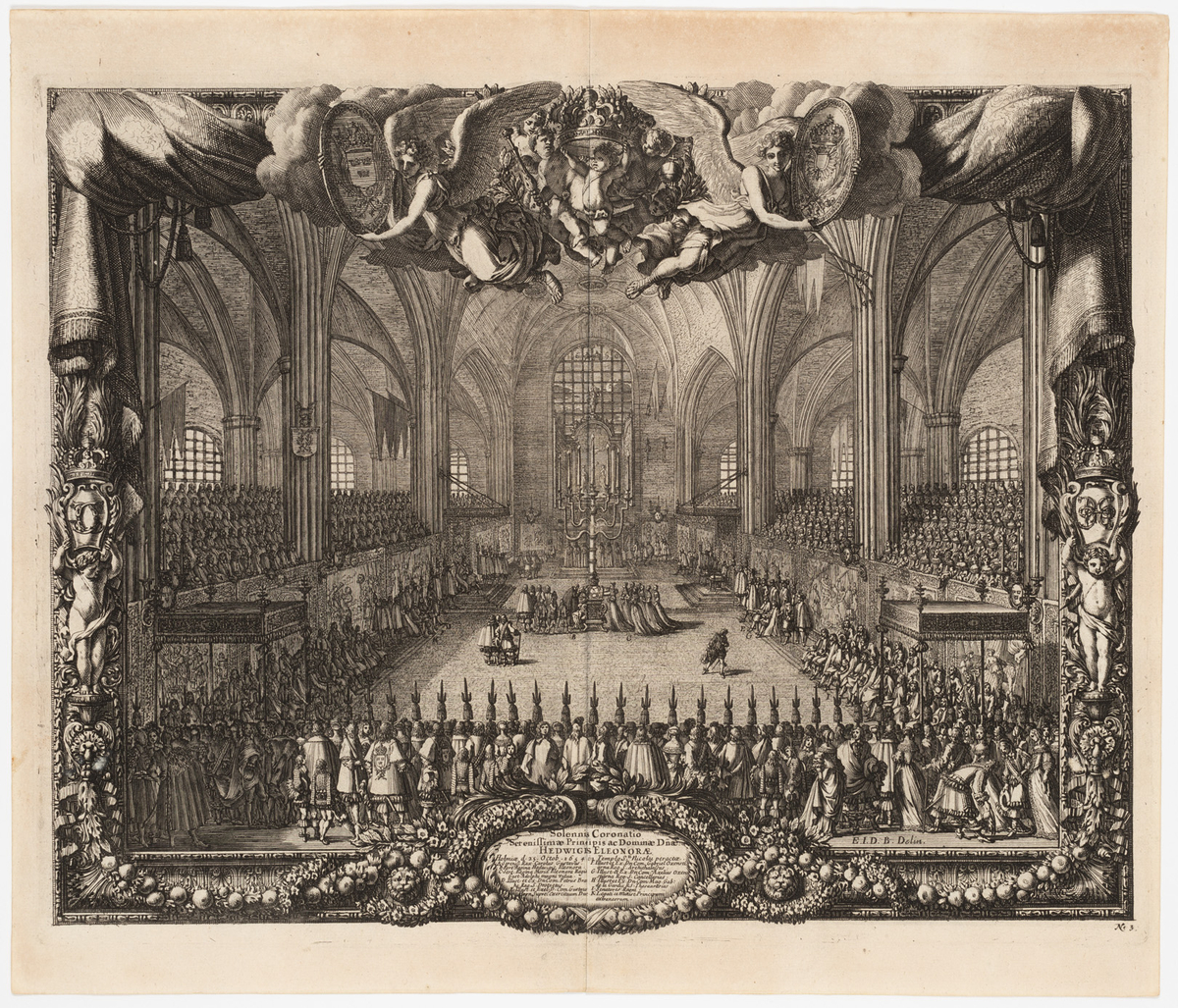 Hedvig Eleonoras kröning i Storkyrkan den 25 oktober 1654. I mitten under en enorm kandelaber kröns Hedvig Eleonora. Cermonin ses av en stor samling människor på golv och läktare. Bilden inramas av puttis som håller upp kungaprets monogram och riksregalierna, änglar som bär riksvapnet samt draperier och girlander.
