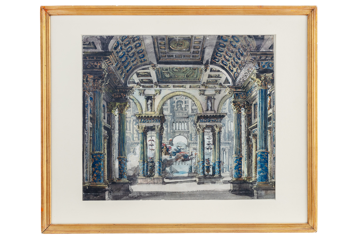 Interiör föreställandes rikt ornamenterad pelarsal.
