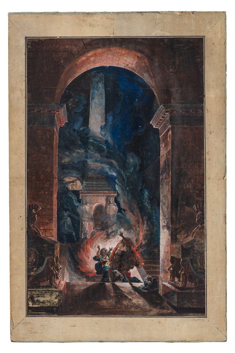 I förgrunden en portal, genom denna syns en obelisk som är omvälvd av eld och rök. Tramför obelisken en öppning i marken i vilken en man och en kvinna just nedstiger/uppstiger. Rök och eld omger dem. Portalen och obelisken är smyckade med egyptiska motiv.
