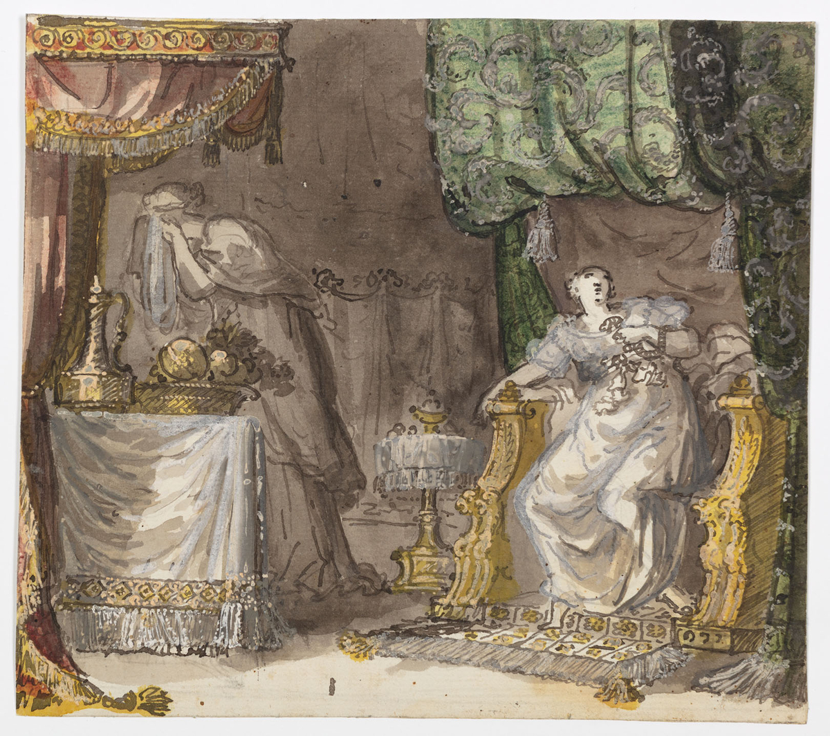 Interiör. Till höger sitter Kleopatra på en tron under en grön baldakin. Hon är iklädd vit fotsid klänning i empirestil. Hon låter just en orm bita sig. Till vänster syns en förtvivlad kvinna iklädd antikiserande klänning, som döljer sitt ansikte. Under en rosa baldakin står ett bord med ett fruktfat och en kanna på. På baksidan: en blyertskiss av tre ryttare.
