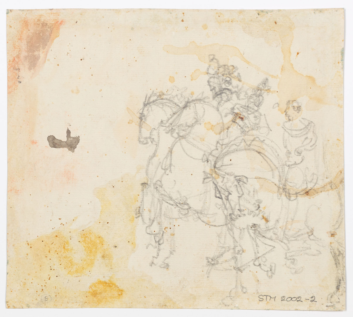 Interiör. Till höger sitter Kleopatra på en tron under en grön baldakin. Hon är iklädd vit fotsid klänning i empirestil. Hon låter just en orm bita sig. Till vänster syns en förtvivlad kvinna iklädd antikiserande klänning, som döljer sitt ansikte. Under en rosa baldakin står ett bord med ett fruktfat och en kanna på. På baksidan: en blyertskiss av tre ryttare.
