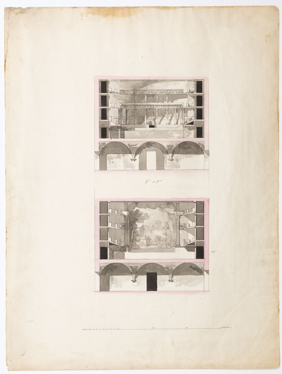 Två tvärsektioner. Den övre mot fonden, visar två rader. 2:a raden bärs upp av 10 kolonner och 3:e raden av 4 karyatider. I mitten av 1:a raden 2 dörrar.
Den undre mot scenen visar proscenie[...] med en pilaster på var sida och en scenbild till [...].  
