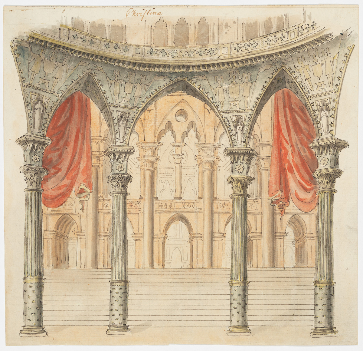 Stor sal med kolonner, spetsbågar samt en arkad ovanför en bred trappa. Bakom de främre kolonnerna hänger två röda draperier
