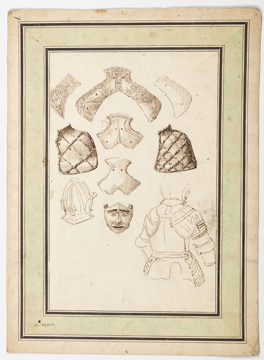 Sju stycken rustningsdela samt en hjälm och ett ansiktskydd. Längst ned till höger baksidan av en riddare.
