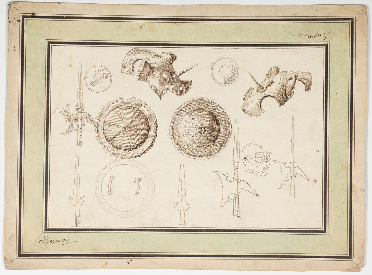 Tre sköldar, fem spjutspetsar, två bröstvärn och en hjälm.
