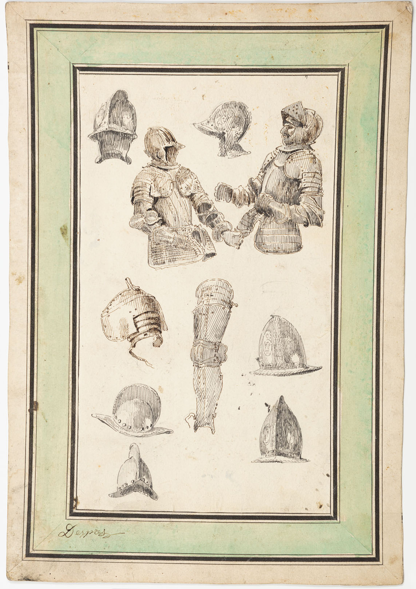 Två riddarrustningar, sju riddarhjälmar samt en rustningsklädd bendel.
