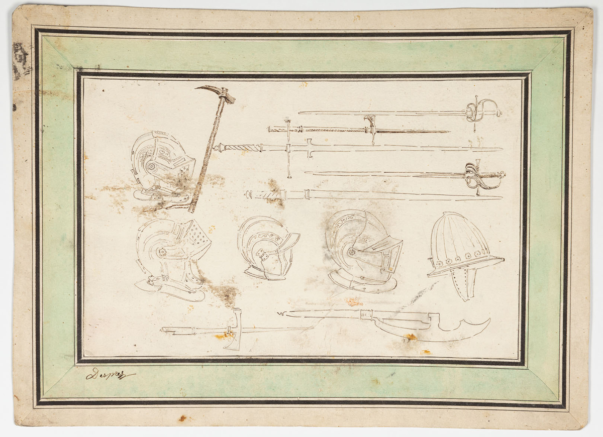 Fem stycken riddarhjälmar, sju stycken svärd och en klubba.
