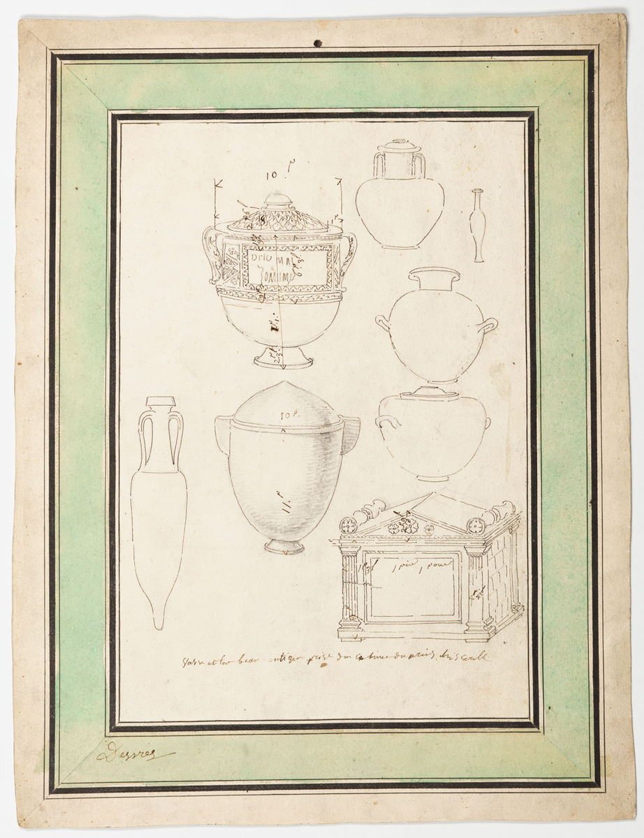 Studier av grekiska vaser: en skyfos, en amfora, en stamnos, en krater, en täckt urna med massiva platta grepar. En ornamenterad krater. En modell av ett grekiskt tempel, för skrin.
