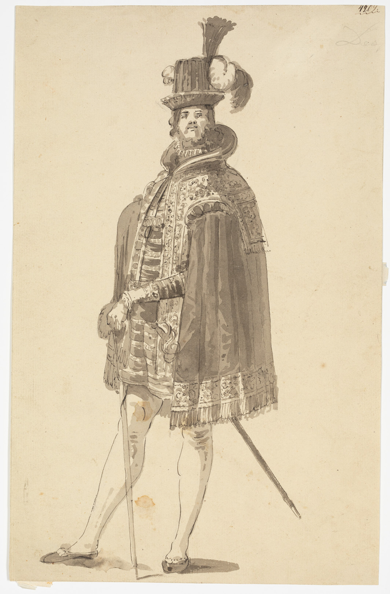 Äldre skäggig man iklädd renässansdräkt och kort kappa. Mannen har en värja vid höften och håller en stav i vänster hand. Mannen har en hög veckad hatt med plymer på huvudet.
