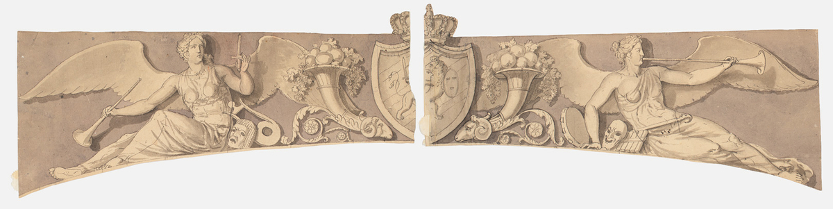 Svenska riksvapnet i mitten, omgivet av ymnighetshorn fyllda med frukt och genier med basuner, masker och andra instrument.
