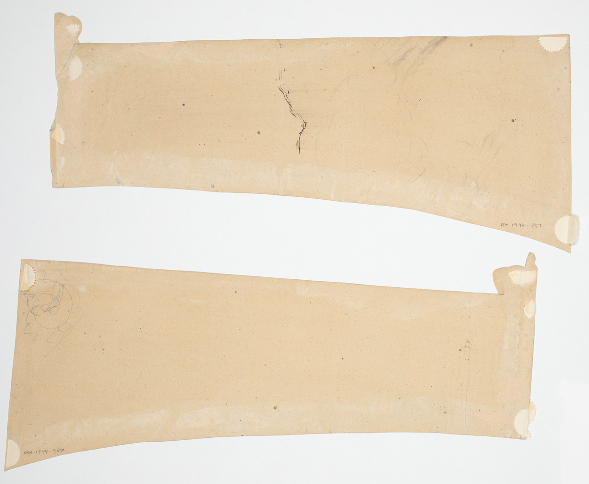 Svenska riksvapnet i mitten, omgivet av ymnighetshorn fyllda med frukt och genier med basuner, masker och andra instrument.
