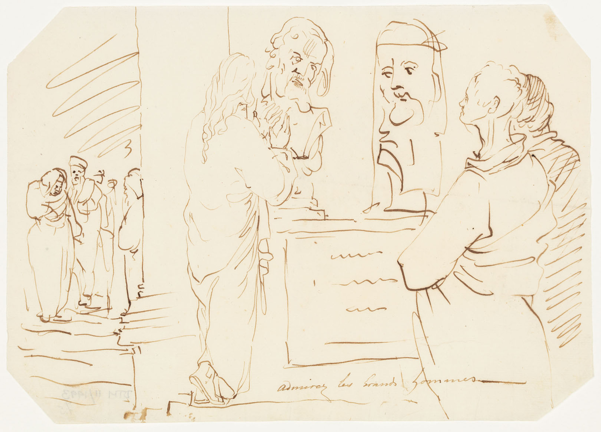 Några män klädda i toga som beundrar två byster. I bakgrunden till vänster står ytterligare en grupp togaklädda män.
