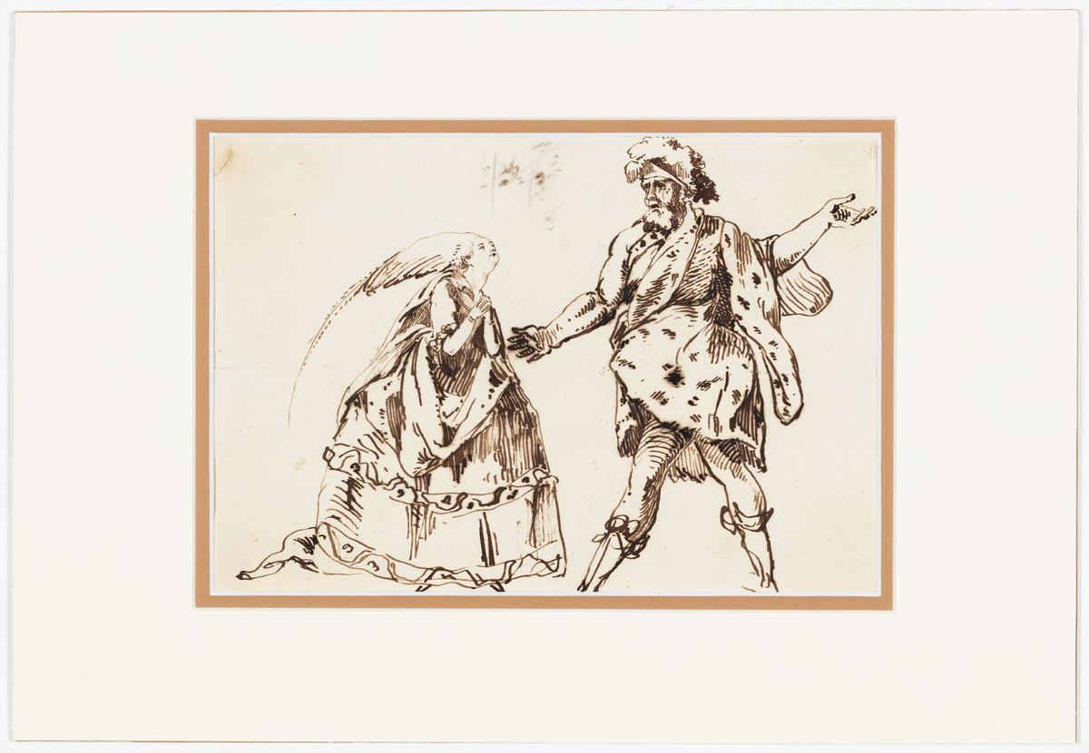 Till vänster en kvinna i helfigur och halvprofil, i klädd fotsid klänning med vid kjol. I håret har hon en lång hängande fjäder. Hon knäpper händerna och vänder sig mot en man till höger. Han står i helfigur och halvprofil och är klädd som vilde i kort kjol, mantel, stövlar och hatt med fjärdrar. 
