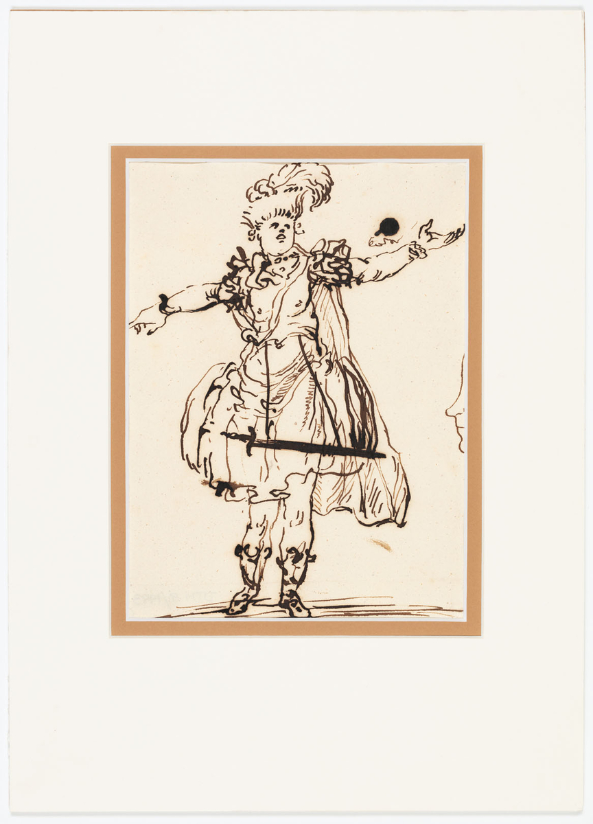 Man i helfigur och framifrån. I klädd mantel, knäkort kjol, stövlar och hatt med plym. I en rem hänger ett svärd. Han slår ut med händerna. 
