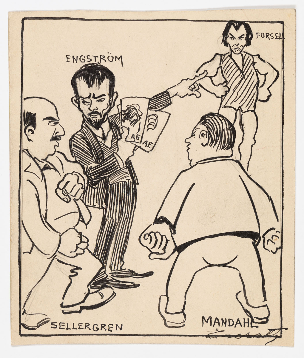 Fyra män avbildade i helfigur. Tre av dessa bär kostym, den fjärde ärmlös leotard. I förgrunden syns två män med knutna nävar som tittar argt på personen i mörk kostym, som i sin tur pekar på den fjärde mannen. Han håller ett par teckningar i sin högra hand. 
