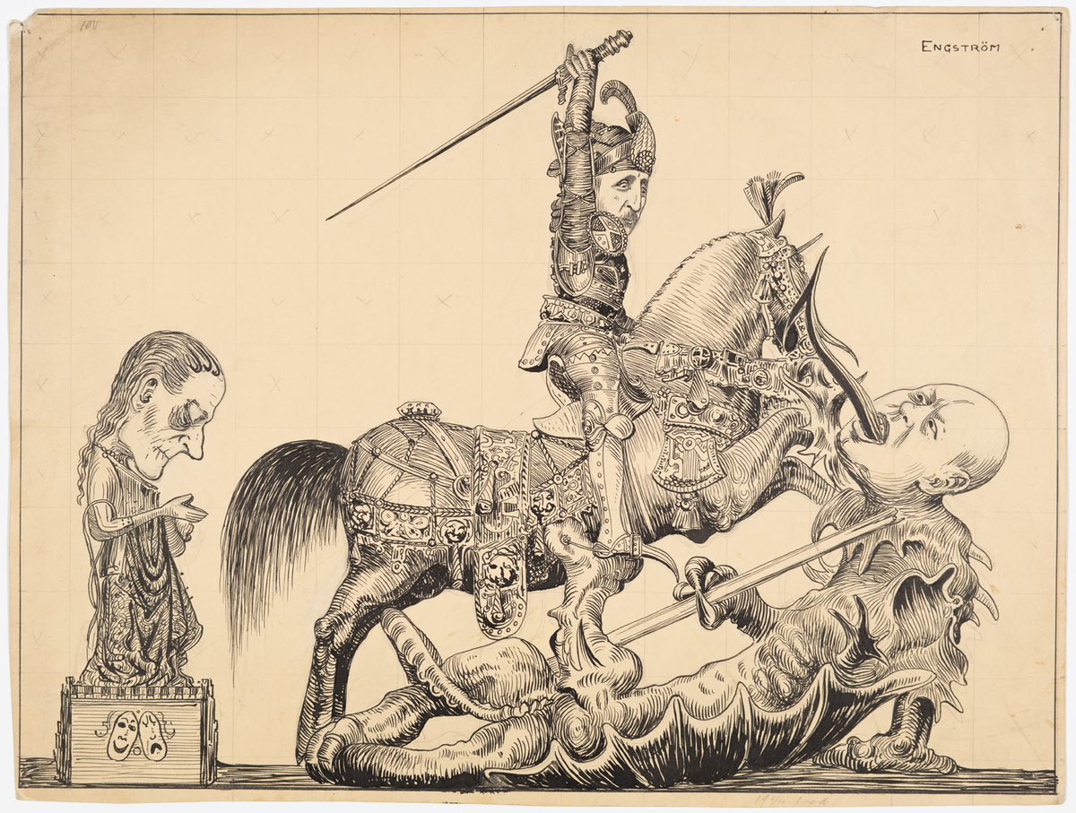 Karikatyr över S:t Göran och draken. Till vänster Prinsessan som står på en liten scen dekorerad med teatermasker. Till höger Riddaren på sin häst som svingar sitt svärd mot draken. Draken har ett människohuvud och en lång draktunga.
