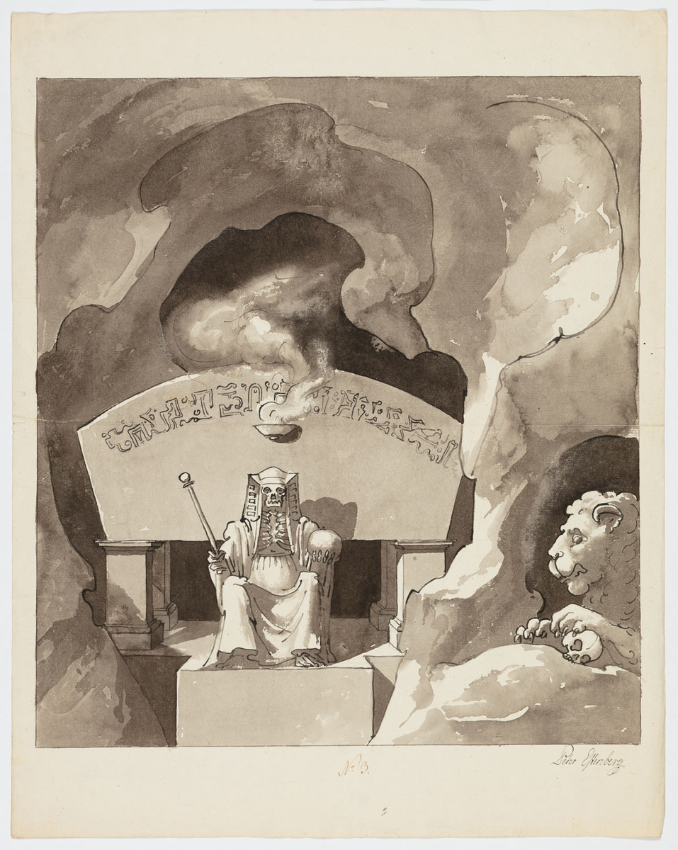 Gravkammare i en grotta. Framför en stensarkofag tronar ett faraolikt skelett. Till höger ligger ett lejon med ena tassen vilande på en döskalle.
