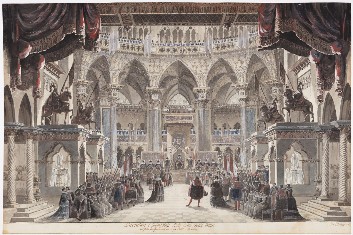 Bild föreställande slottssal med Gustav Vasa på en tron i mitten omgiven av högtidsklädda män och kvinnor samt soldater med spjut och baneer.
