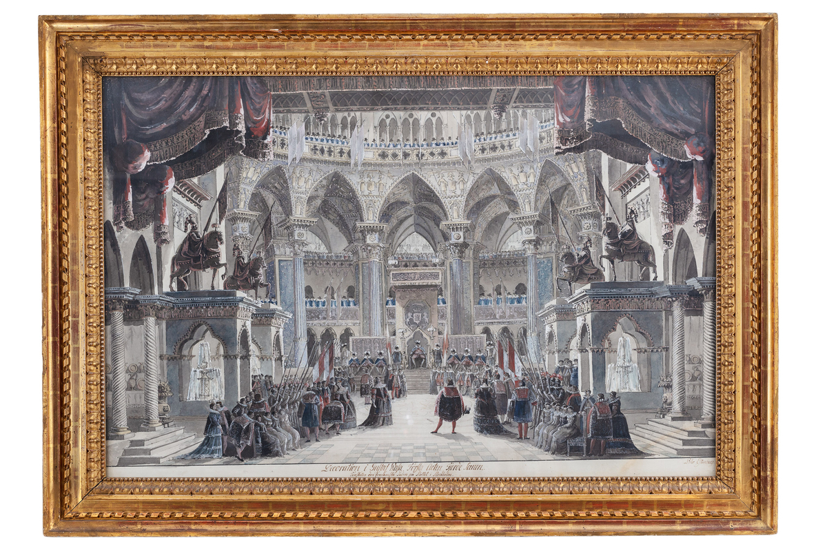 Bild föreställande slottssal med Gustav Vasa på en tron i mitten omgiven av högtidsklädda män och kvinnor samt soldater med spjut och baneer.
